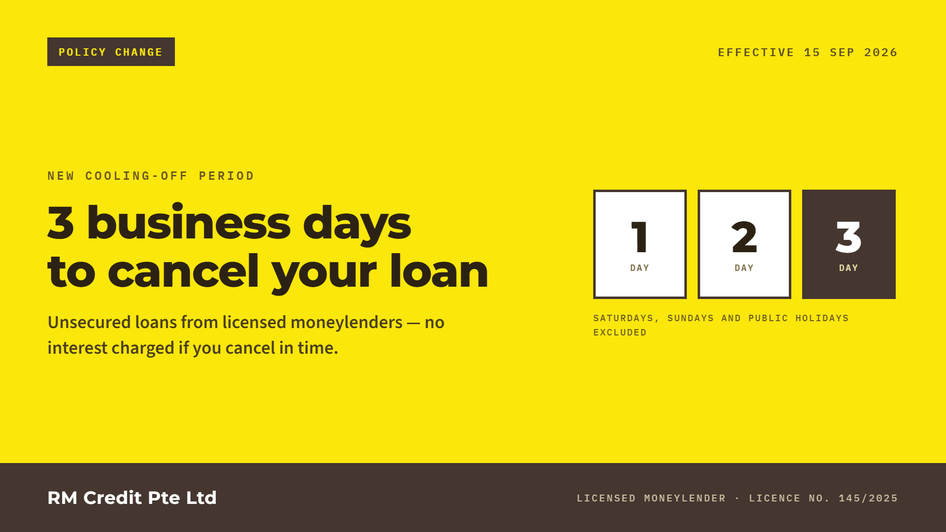 - RM CREDIT PTE LTD - RM CREDIT PTE LTD Bright yellow page announcing a policy change: '3 business days to cancel your loan' with countdown boxes 1–3 and a brown footer showing the company name.